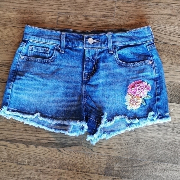 EMBROIDERED Flowers Boho Boyfriend Denim Shorts Size 2 - Picture 1 of 6